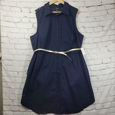 Roz & Ali Shirt Dress Sleeveless Navy Blue 18 Belted Laser Cut Back New with Tag