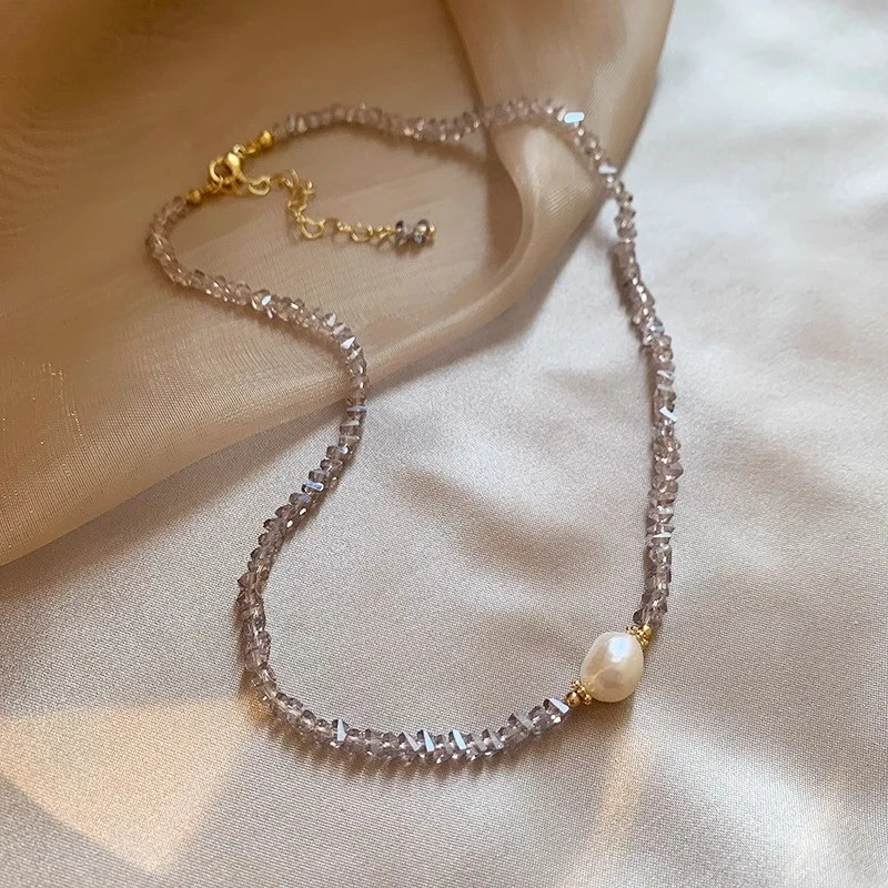 Natural Tea crystal Baroque freshwater pearl necklace collarbone chain - Image 3 of 4