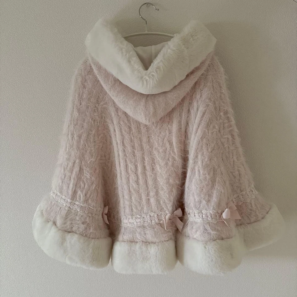 [Excelente Estado] Poncho de Piel Tejido Doble Cinta LIZ LISA Rosa De Japón Foto 2 de 3