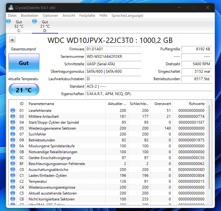 1 TB HDD 2,5 Zoll 9mm WD Blue 5400 RPM 6517 Betriebsstunden Laptop Festplatte - Bild 3 von 3