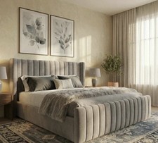 Image of Double Grey Velvet Upholstered Bed Frame, Solid Wood Slats, Modern