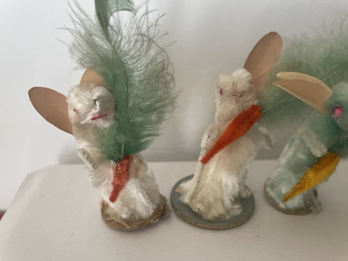 Vintage Easter Cotton Chenille Rabbits With Feathers And Carrots Set Of Four - Picture 2 of 7
