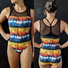 Plum Practicewear Gymnastics Leotard City Vibes Berlin Multi Print Mesh Size AM