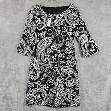 Talbots Petite Sheath Dress 2P Black White Paisley Bell Sleeve Boat Neck NWT