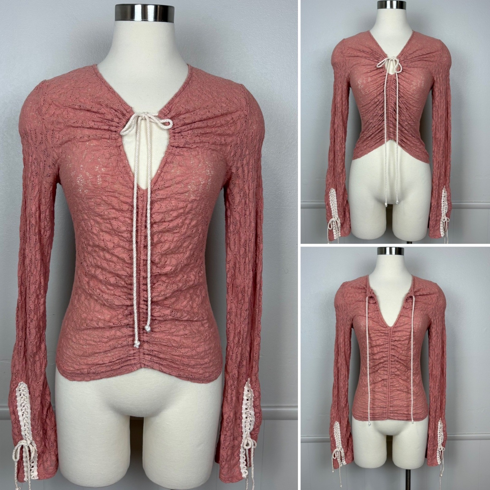 Free People Lilah Top Size S Coral  Crush Blush Lace Mesh Ruched Romantic Fairy