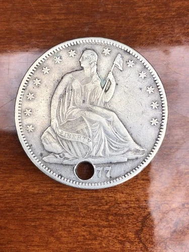 1877 Seated Liberty Half Dollar 90% Silver Very Fine Details.  Holed. Cheap!!!