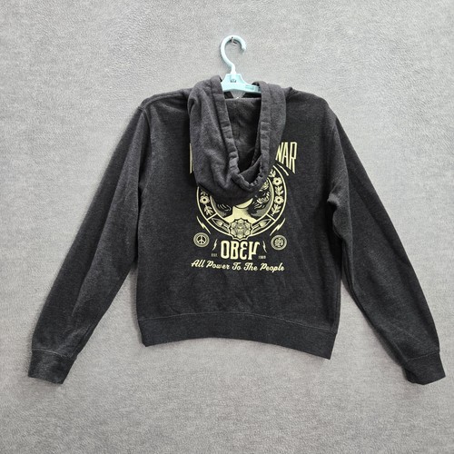 Obey Women Hoodie S Gray Graphic Print Fleece Make Art Not War Logo Pullover