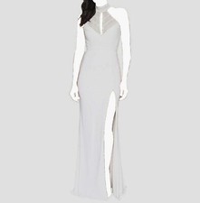 $660 Faviana Women's White Lace & Jersey Halter Sleeveless Slit Gown Dress 12