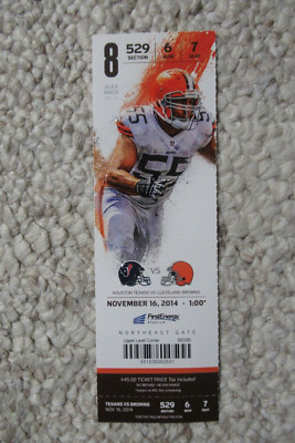 BROWNS VS TEXANS 11/16/2014 FULL TICKET ~RYAN MALLETT NFL DEBUT / 1ST TD PASS