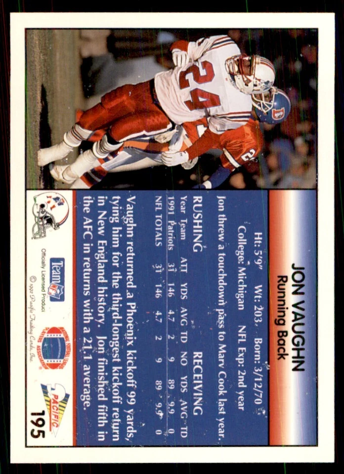 1992 Pacific Jon Vaughn Football Cards #195 - Image 2 of 2