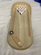 Wooden Mini Desk Tabletop Bowling Toy Game Set with Metal Ball & Pins