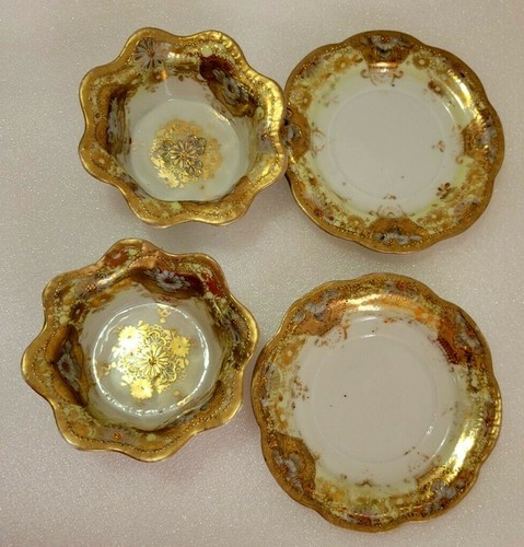 Antique Royal Kinran Nippon Gold Moriage Floral Sauce Bowls & Saucers, Set of 2 - Picture 3 of 9