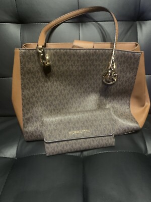 Michael Kors Sofia Large Saffiano Leather Tote Shoulder Bag Brown w/ Wallet 