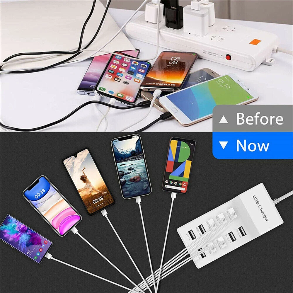 10-Port USB Charging Station for Phones Tablets Multiple Devices  