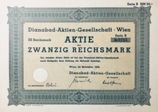 Aktie der Dianabad Aktien Gesellschaft 20 Reichsmark - nicht entwertet + Kupons