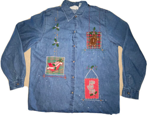 Camicia da donna vintage Casey & Max Natale con bottoni in denim ricamato media - Foto 1 di 11