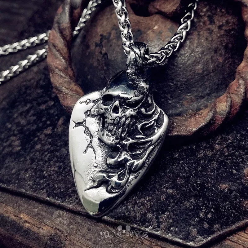 Mens Guitar Pick Dark Skull Pendant Stainless Steel Rock Necklace Fast  Shipping