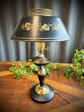 VINTAGE 22”  Black And Gold TOLE LAMP- Grapevine Motif- WHITE GLASS GLOBE- NICE!