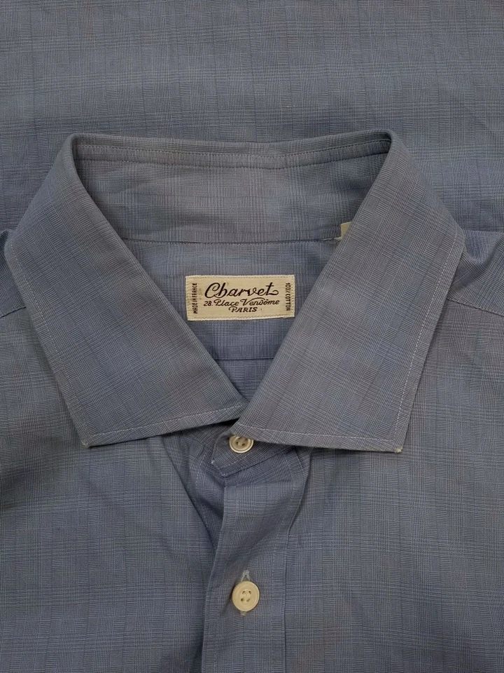 $525 Charvet Paris Hombres Azul Cuadros Algodón Manga Larga Botón Vestido Camisa Talla L Foto 3 de 4