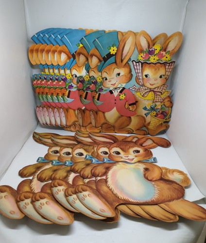 14 coniglietti pasquali vintage Dennison 16" fustellati rari scatola quasi nuovi vecchio stock LEGGI DESC - Foto 2 di 24