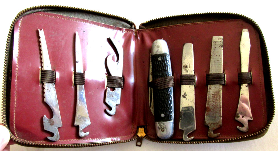 A complete 1960s Supreme multi-tool pocket set in its original simulated leather zipper case — a groovy retro gift set that looks straight out of a Mad Men desk drawer.
