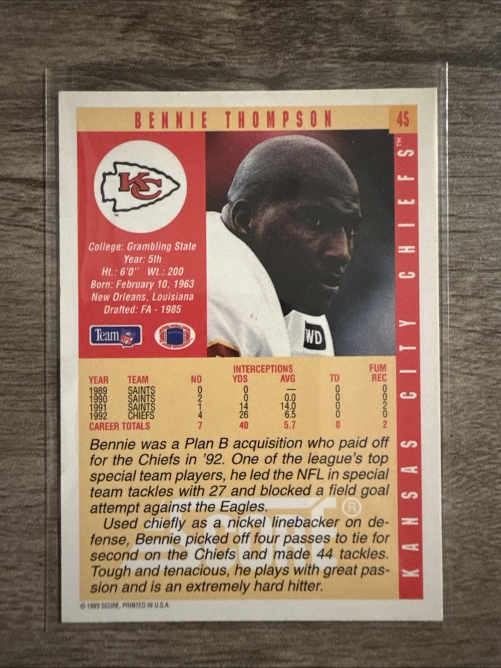 1993 Score Football Card #45 Bennie Thompson - Kansas City Chiefs - Image 2 of 2