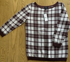 ann taylor sweater Size S Plaid Checkered Burgundy 3/4 Sleeve Pullover