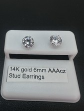 14K Yellow Gold Stud Earrings 6mm AAA CZ Studs No Backs