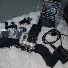 GoPro HERO 3+ Plus Action Camcorder, Silver, dual charger, 2 batteries, headband