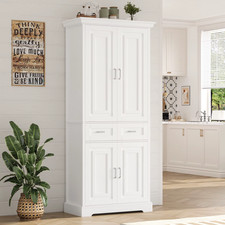 Kitchen Cabinet Pantry Tall Storage Cupboard 4 Doors 2 Drawers Modern White Unit