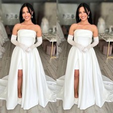 Classic Wedding Dresses Side Slit Satin White Ivory Sweep Train Bridal Gowns