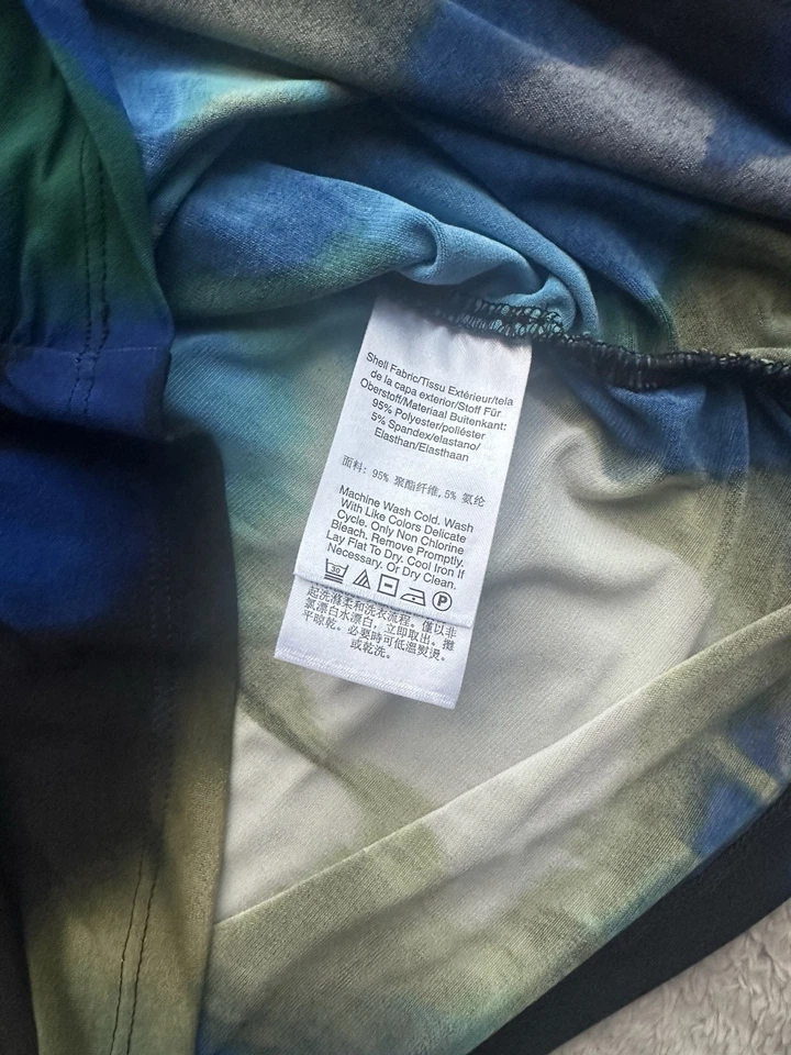 DKNY Abstract Floral Print Ruched Top Women’s Large Blue Green Black Stretch - Image 4 of 4