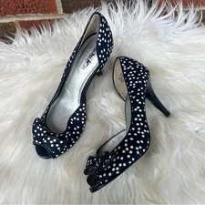 Coach and Four Navy Blue and White Polka Dot Open Toe Bow Side Cut Out Heels