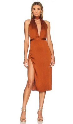 NWT NBD Holden Midi Dress Bronze Satin Halter Deep Plunge Side Slit Size M