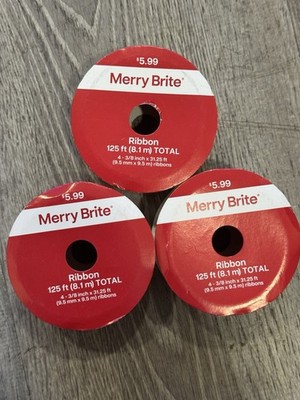 3 Pack! Merry Brite Ribbon Assorted Colors. 125ft In Each Roll.