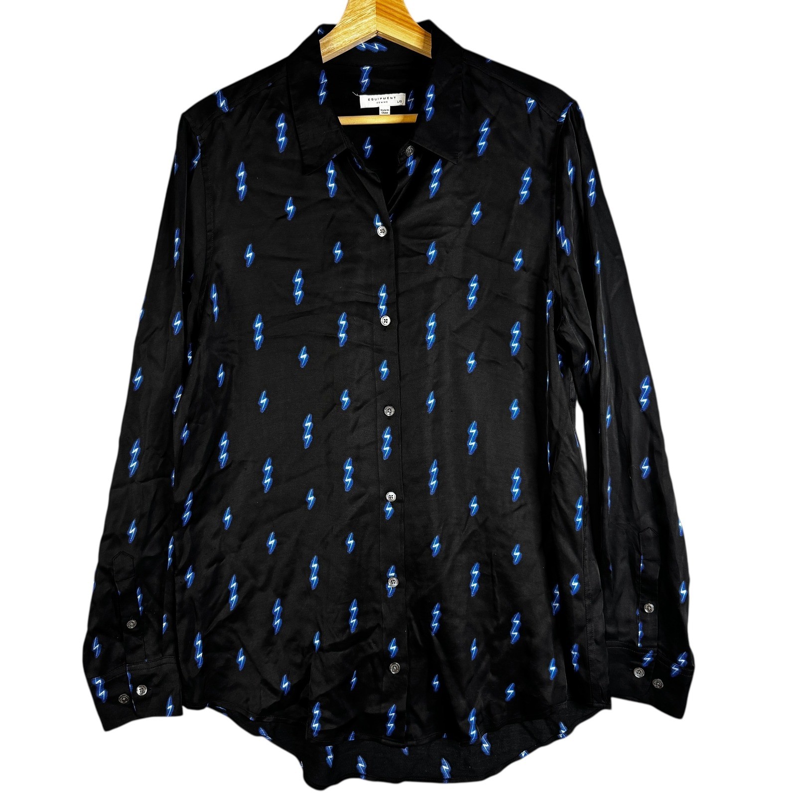 Femme Black Lightning Bolt Print Silk Button Up Shirt Top L