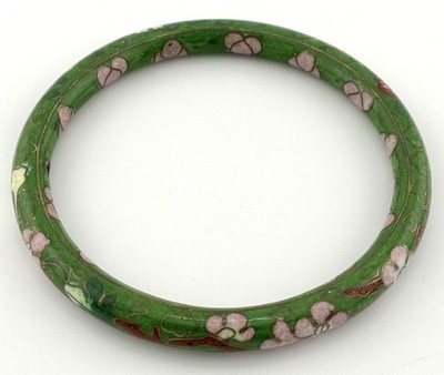 Vintage Chinese Cloisonne Enamel Floral Bangle Bracelet Green Pink 8in