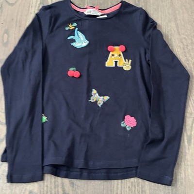 H&M Girls Size 8-10Y Navy Long Sleeve Shirt With Embroidery & Graphics