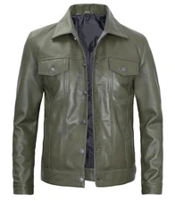Men's Trendy !00% Real Leather Jacket Olive Green Trucker Jacket Wit Shirt Style