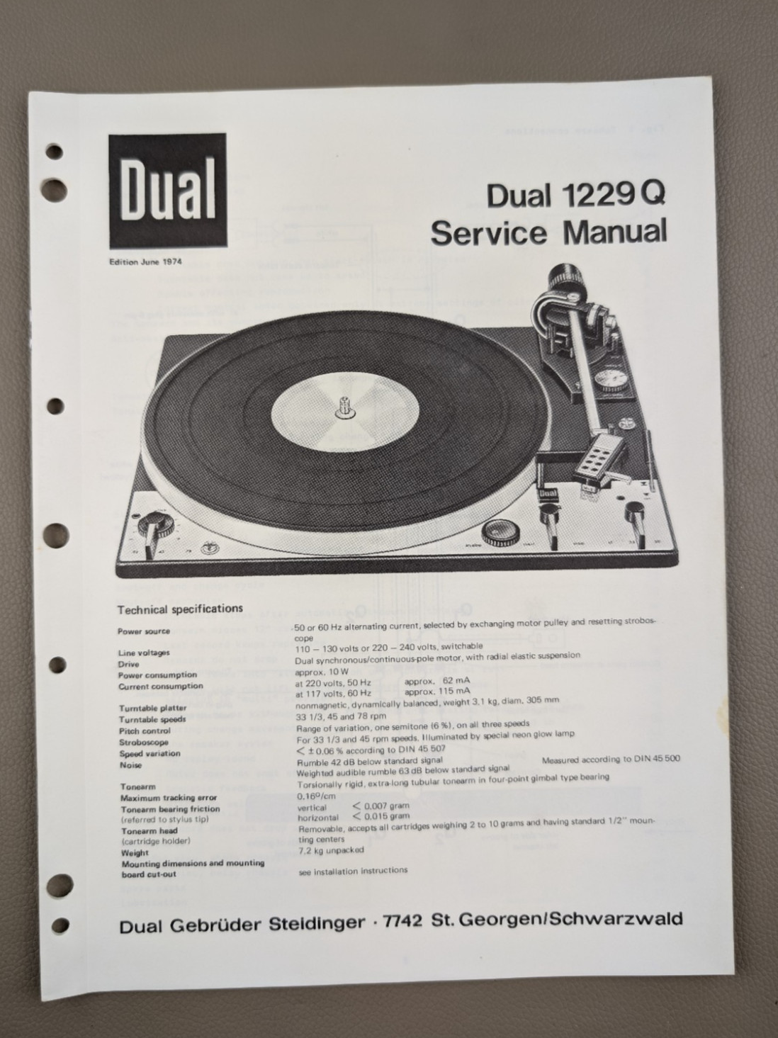 Dual 1229 Q Turntable Service Manual D-1359