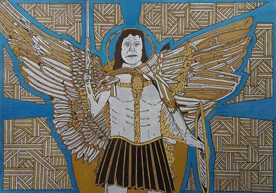 #ad #ad #x27;ST. MICHAEL ARCHANGEL #x27; BY OWT GOES. ORIGINAL METALLIC PEN AND INK. SIGNED. GBP 60.00