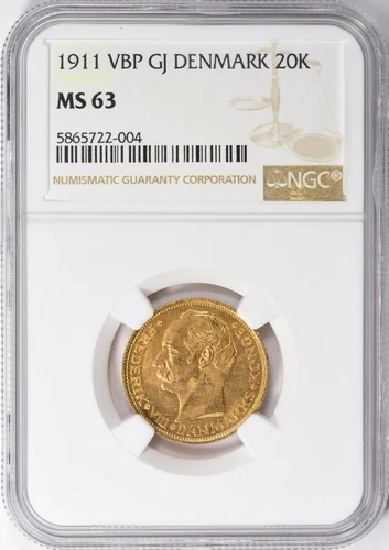 Denmark 1911-VBP GJ Gold 20 Kroner NGC MS-63