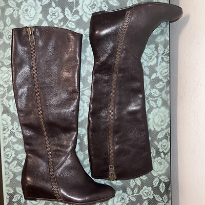 Corso Como Brown Pebbled Leather Tall Hidden Wedge Heel Zipper Boots Sz 5M