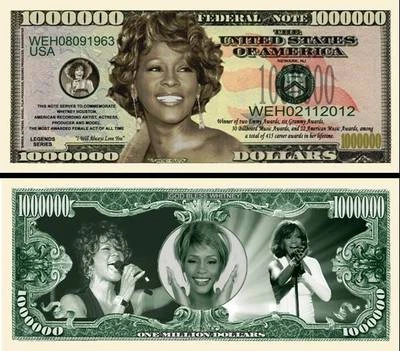 Whitney Houston Million Dollar Bill Play Funny Money Novelty Note + FREE SLEEVE