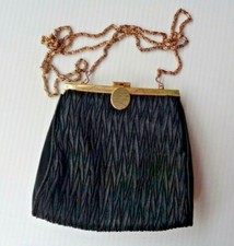 'LA REGALE' BLACK CRINKLED SATIN EVENING BAG WITH GOLDEN CHAIN STRAP