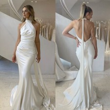 Mermaid Wedding Dresses Satin Halter Neck Sexy Backeless Sweep Train Bridal Gown