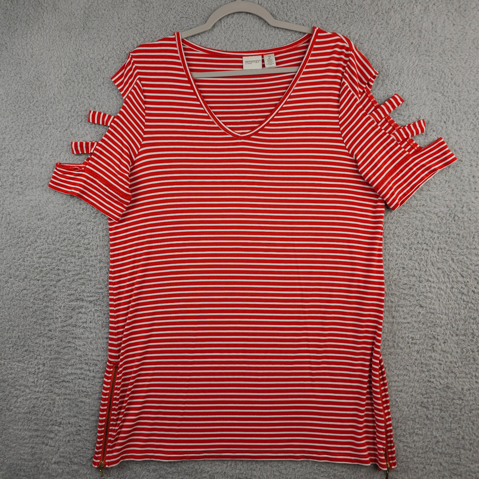 Zenergy Chicos Tunic Top Women 2 US L Orange Red Striped Strappy Sleeve Side Zip