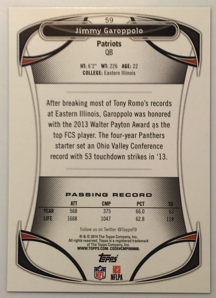 2014 Topps Football Wal-Mart Purple Rookies #59 Jimmy Garappolo RC - Image 2 of 2