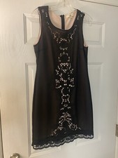 Womens Little Black Dress Sheath Lace Hem Cutwork Lined Nude Slip Sz M Orig $60