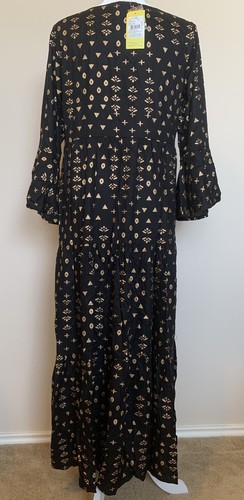 NWT Black Maxi dress cotton gold print bell sleeves sz L frilled tiered keyhole - Picture 9 of 13